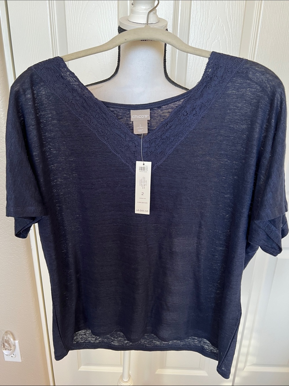 Chico's Navy V-Neck Short Sleeve Top with Lace Trim